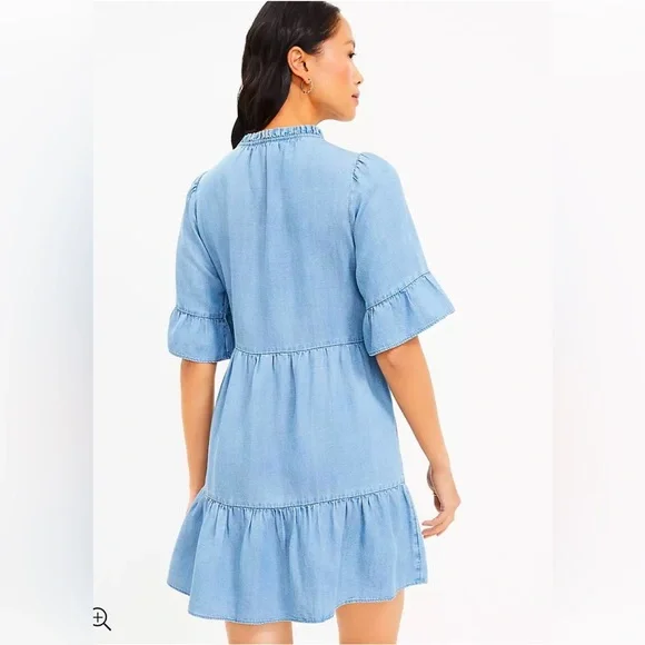 NWT Loft chambray tie neck ruffle sleeve dress - Picture 2 of 6